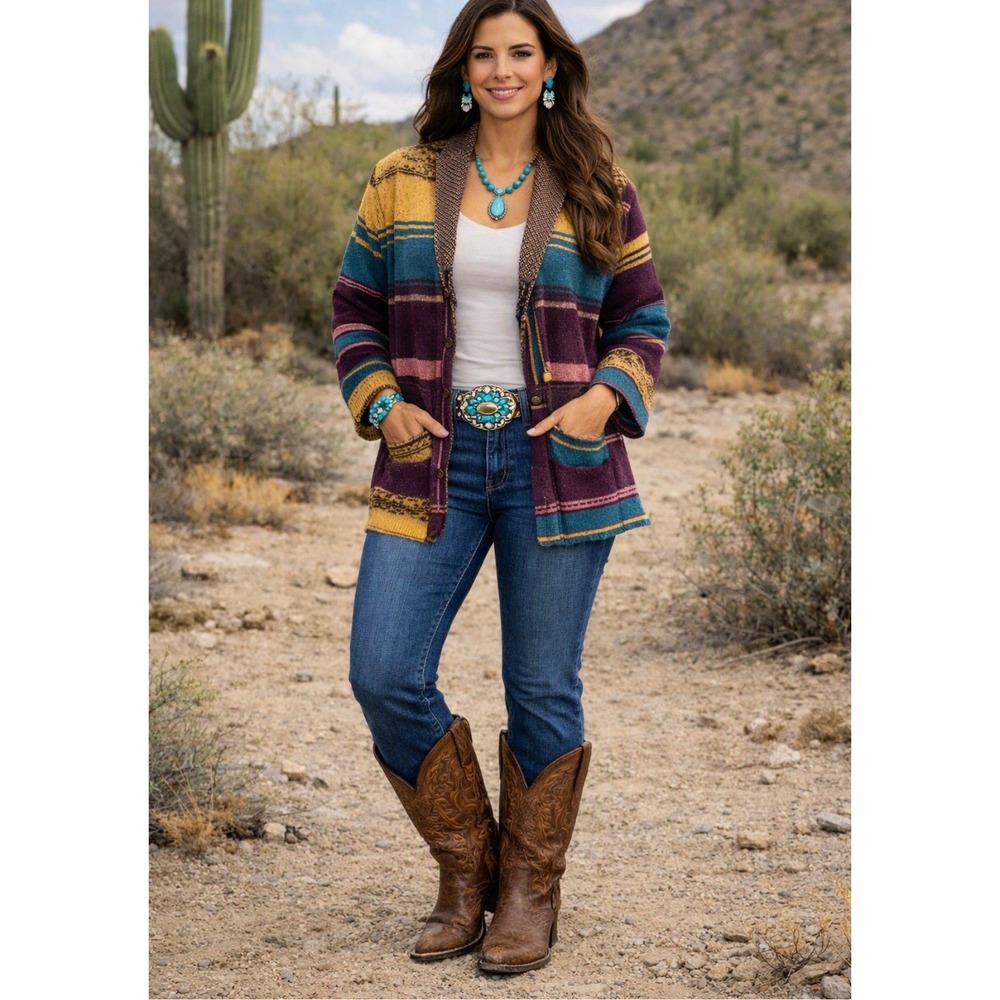 Wrangler Southwestern Striped Cardigan Sweater Concho Tie,
Equestrian, rodeo 121